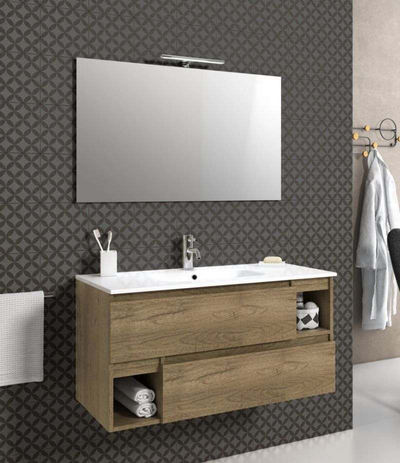 Mobile bagno sospeso PERLA 100 cm Rovere Miele con due cassetti, specchio, LED e lavabo