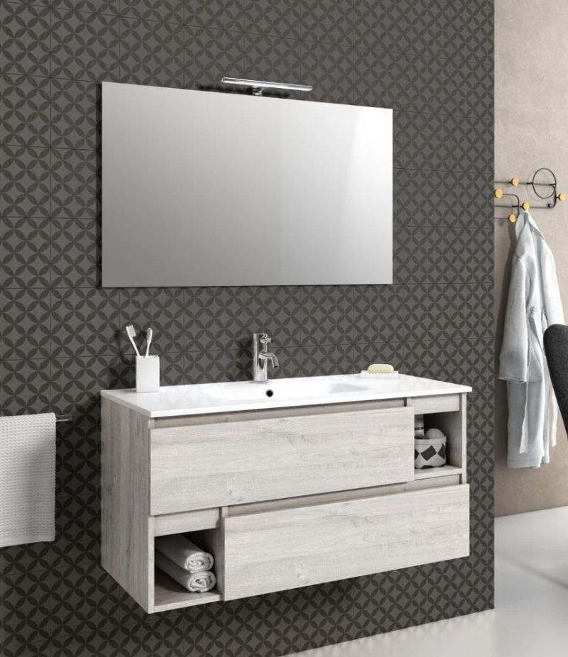 Mobile bagno sospeso PERLA 100 cm Sherwood Naturale con due cassetti, specchio, LED e lavabo