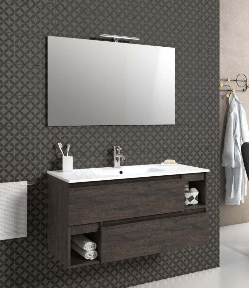 Mobile bagno sospeso PERLA 100 cm Testa di Moro con due cassetti, specchio, LED e lavabo