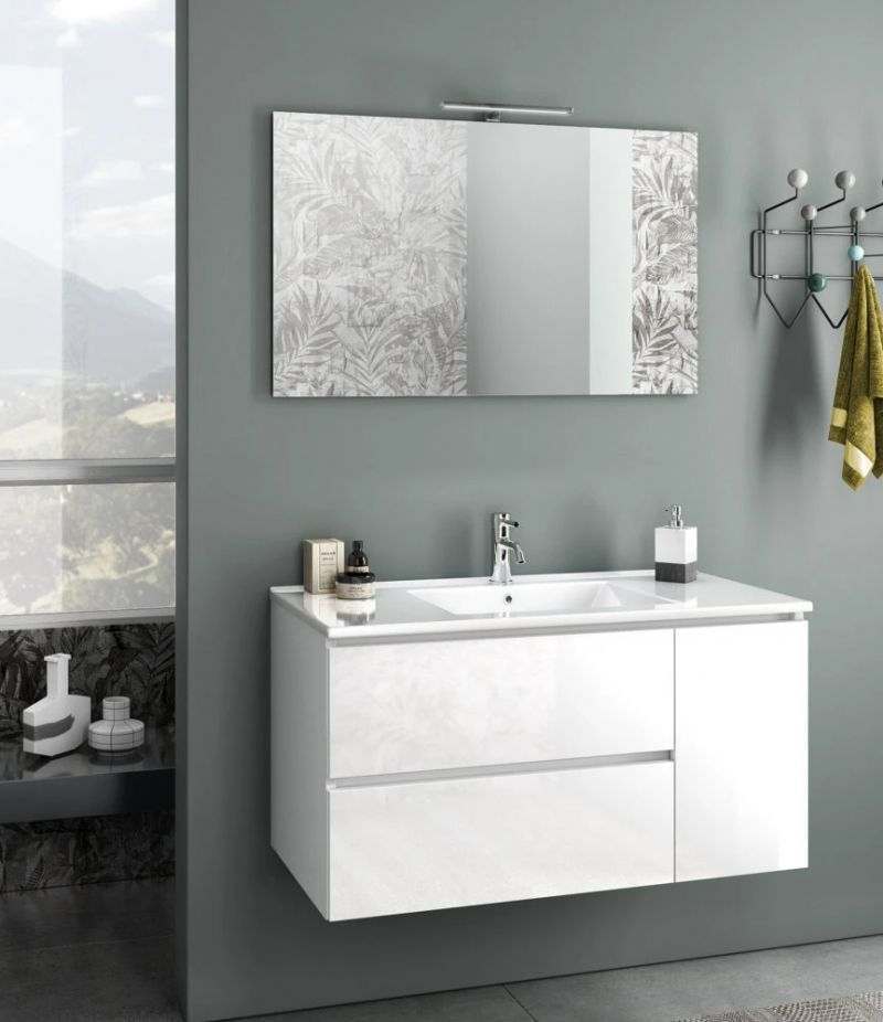 Mobile bagno sospeso HEART 100 cm Bianco lucido con due cassetti, specchio, LED e lavabo