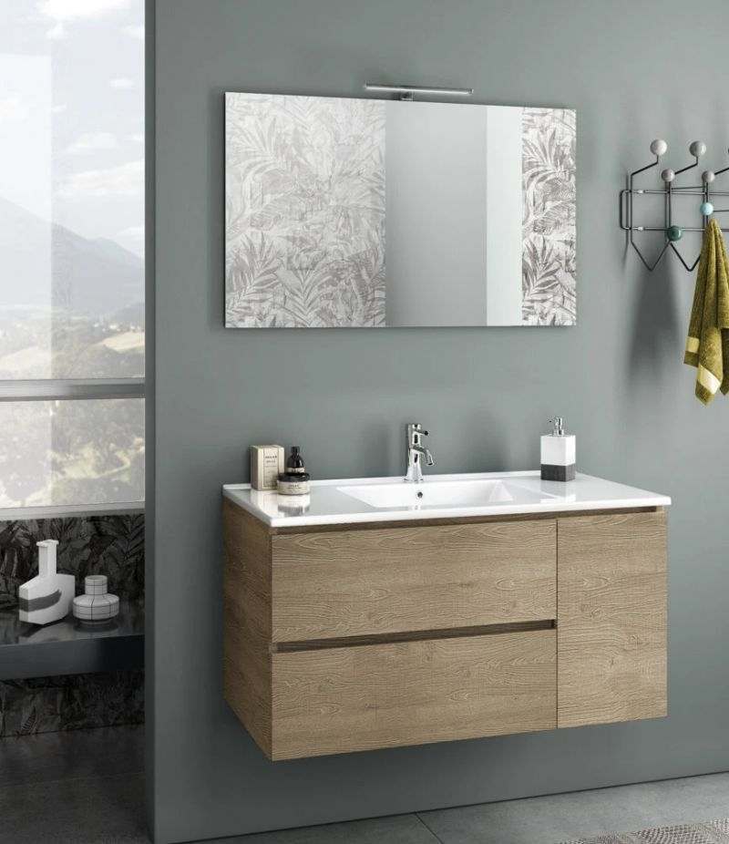 Mobile bagno sospeso HEART 100 cm Rovere Miele con due cassetti, specchio, LED e lavabo