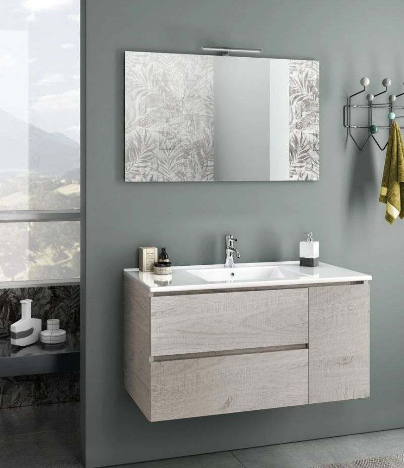 Mobile bagno sospeso HEART 100 cm Sherwood Naturale con due cassetti, specchio, LED e lavabo