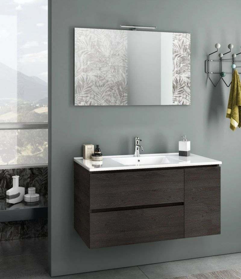 Mobile bagno sospeso HEART 100 cm Testa di moro con due cassetti, specchio, LED e lavabo