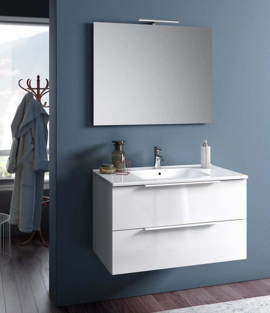 Mobile bagno sospeso RAIN 80 cm Bianco lucido con due cassetti, specchio,  LED e lavabo >> Zulli Ceramiche Shop