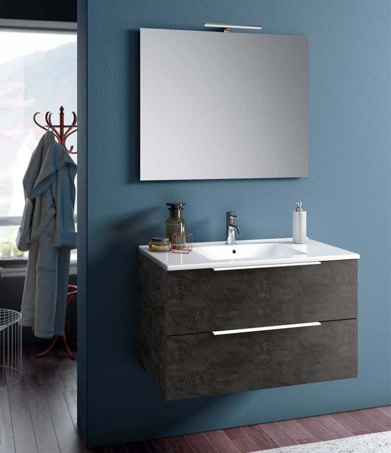 Mobile bagno sospeso RAIN 90 cm Ossido con due cassetti, specchio, LED e lavabo