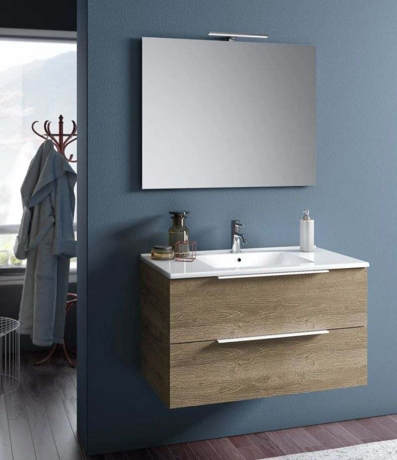 Mobile bagno sospeso RAIN 90 cm Rovere Miele con due cassetti, specchio, LED e lavabo