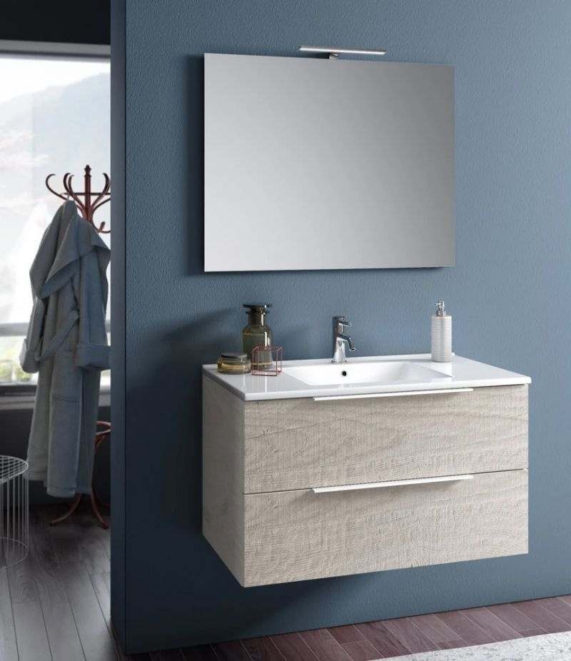 Mobile bagno sospeso RAIN 90 cm Sherwood Naturale con due cassetti, specchio, LED e lavabo