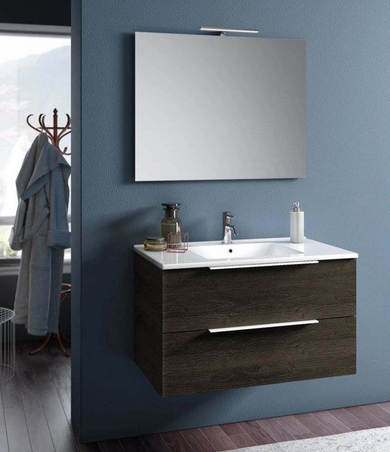 Mobile bagno sospeso RAIN 90 cm Testa di Moro con due cassetti, specchio, LED e lavabo