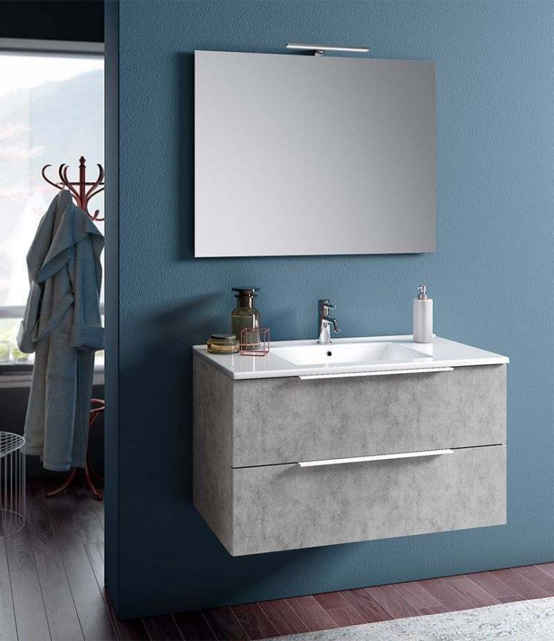 Mobile bagno sospeso RAIN 100 cm Cemento con due cassetti, specchio, LED e lavabo