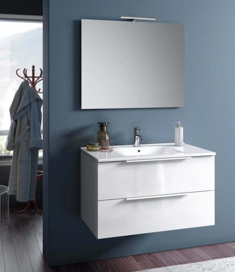 Mobile bagno sospeso RAIN 100 cm Bianco Lucido con due cassetti, specchio, LED e lavabo