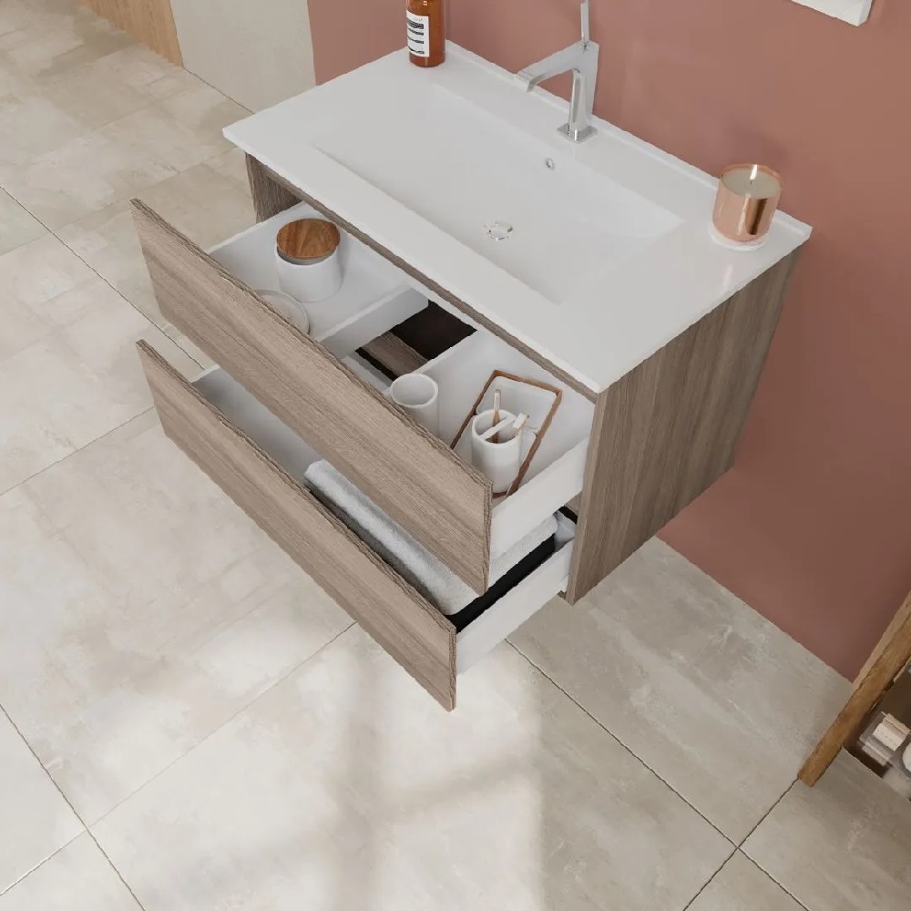 ARKITMOBEL Mobile Bagno Sospeso 80 Cm Con Cassetto E Specchio – Finitura Rovere Alaska – Modello Cotton – Completo E Moderno