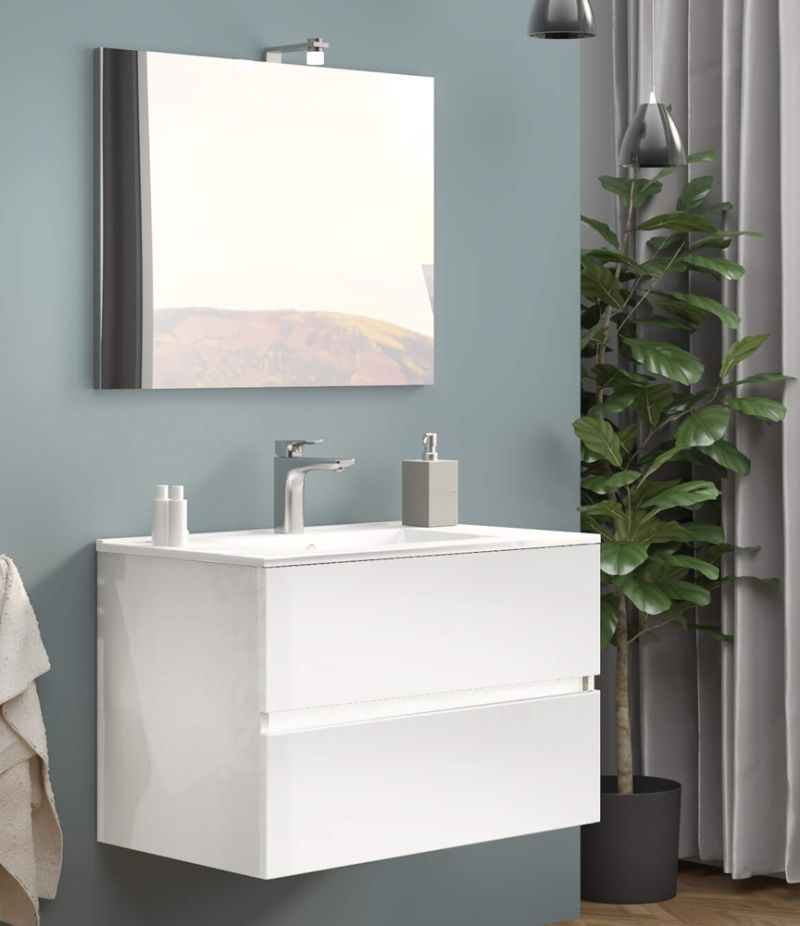 Mobile bagno sospeso BASIC 80 cm Bianco Lucido con lavabo, specchio e LED