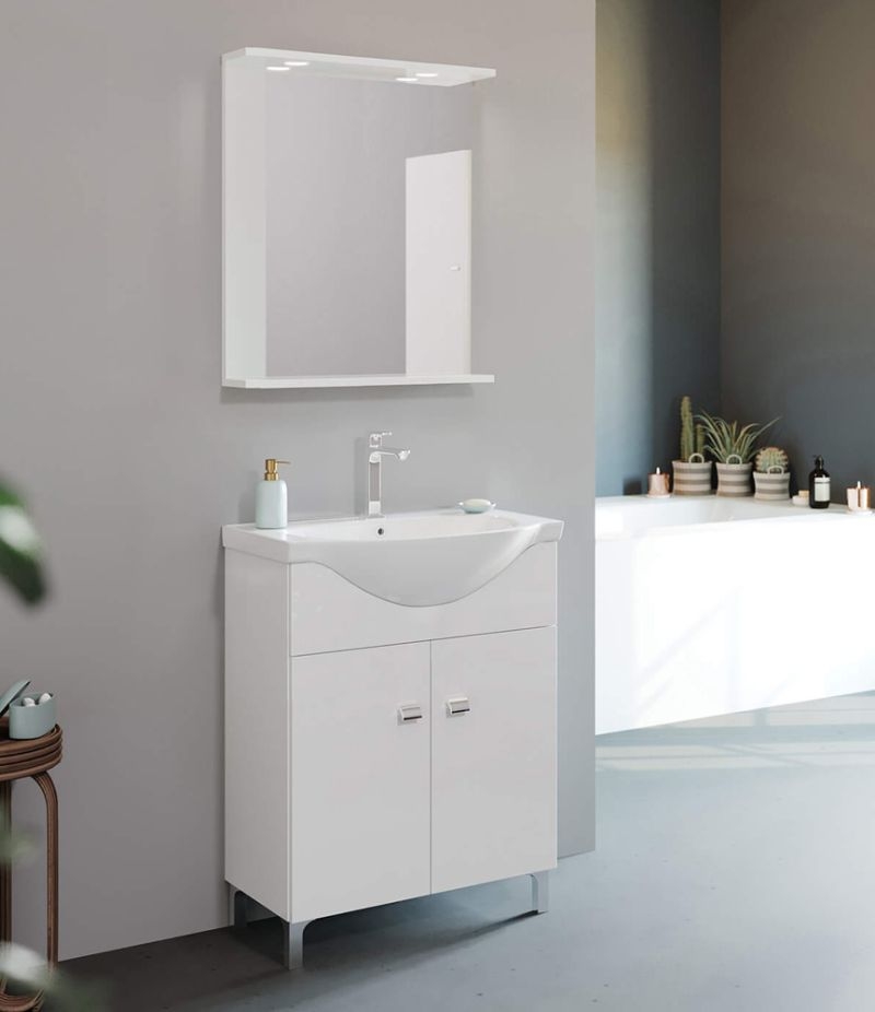 Mobile bagno CLASSIC 65 cm Bianco Lucido con lavabo, specchio e LED