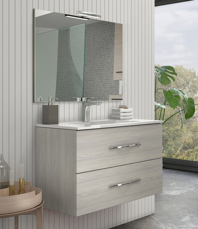 Mobile bagno sospeso TREMITI 60 cm Rovere Grigio con lavabo, specchio e LED