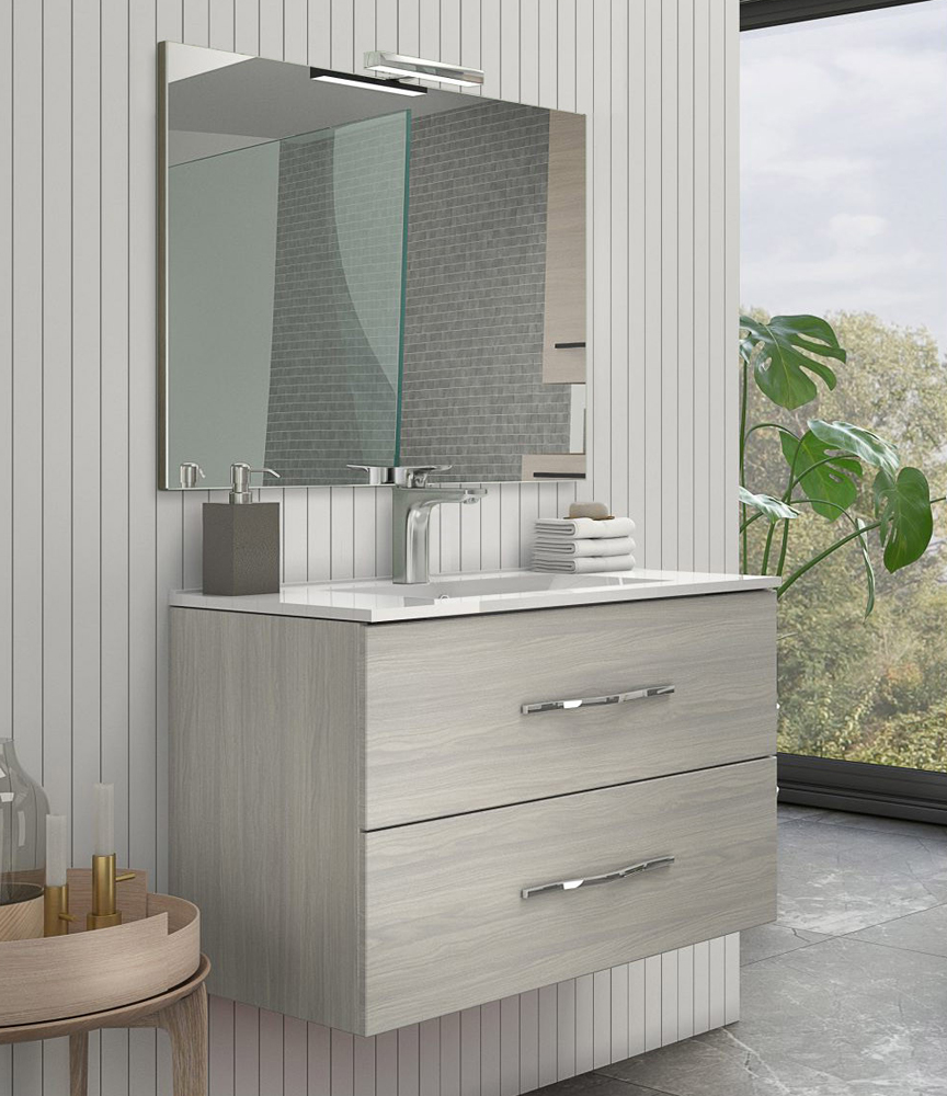 Mobile bagno sospeso TREMITI 60 cm Rovere Grigio con lavabo, specchio e LED  >> Zulli Ceramiche Shop