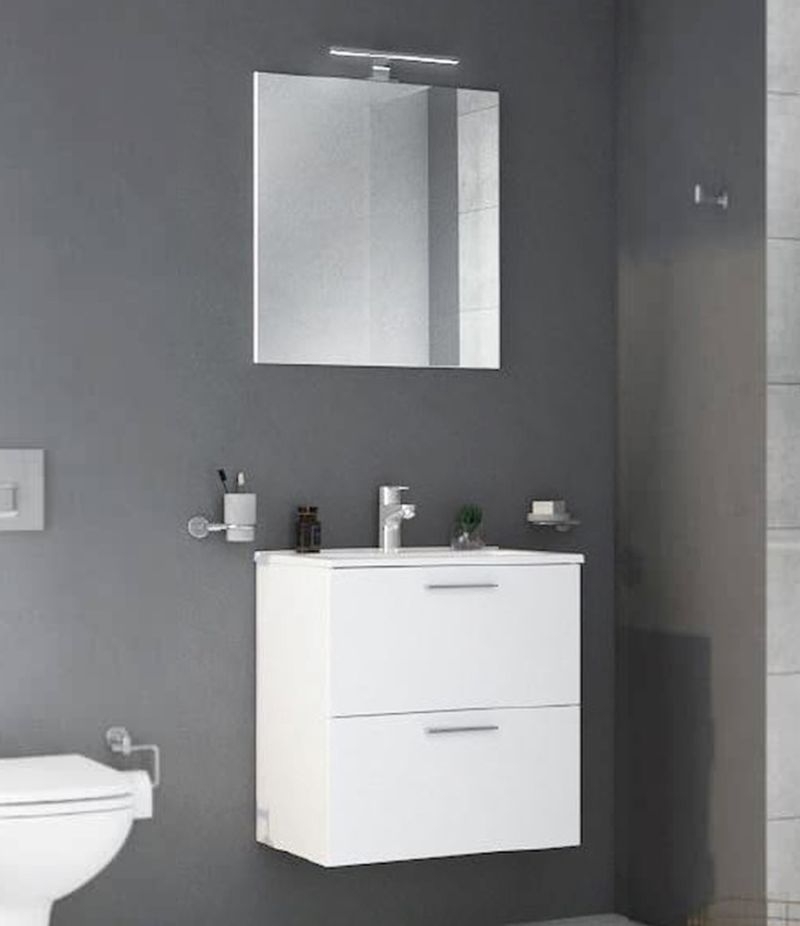 Mobile bagno sospeso MIAMI 60 cm Bianco Lucido con lavabo, specchio e LED