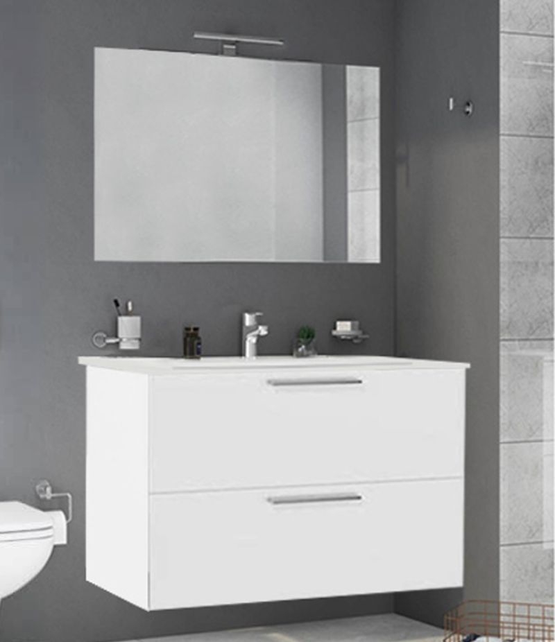 Mobile bagno sospeso MIAMI 80 cm Bianco Lucido con lavabo, specchio e LED