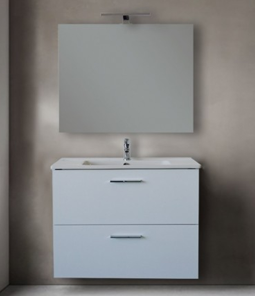 Mobile Bagno Sospeso 80 Cm Bianco Lucido Con Lavabo E Specchio Fabian