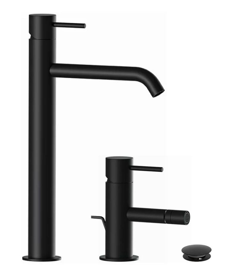 Coppia miscelatori lavabo alto e bidet X-STYLE cromo nero lucido spazzolato REMER