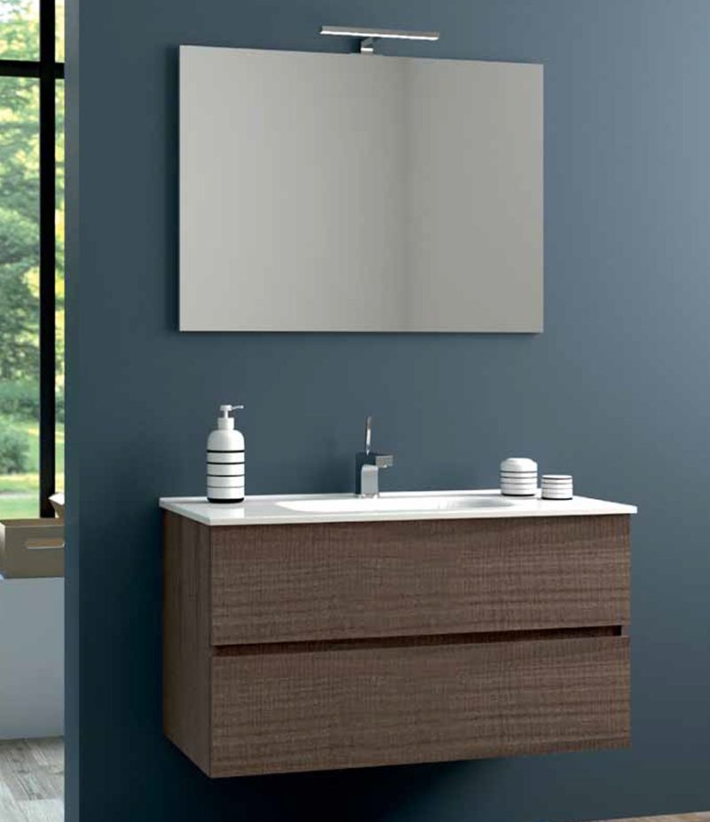 Mobile bagno sospeso ROCK 60 cm Noce con lavabo, specchio e LED