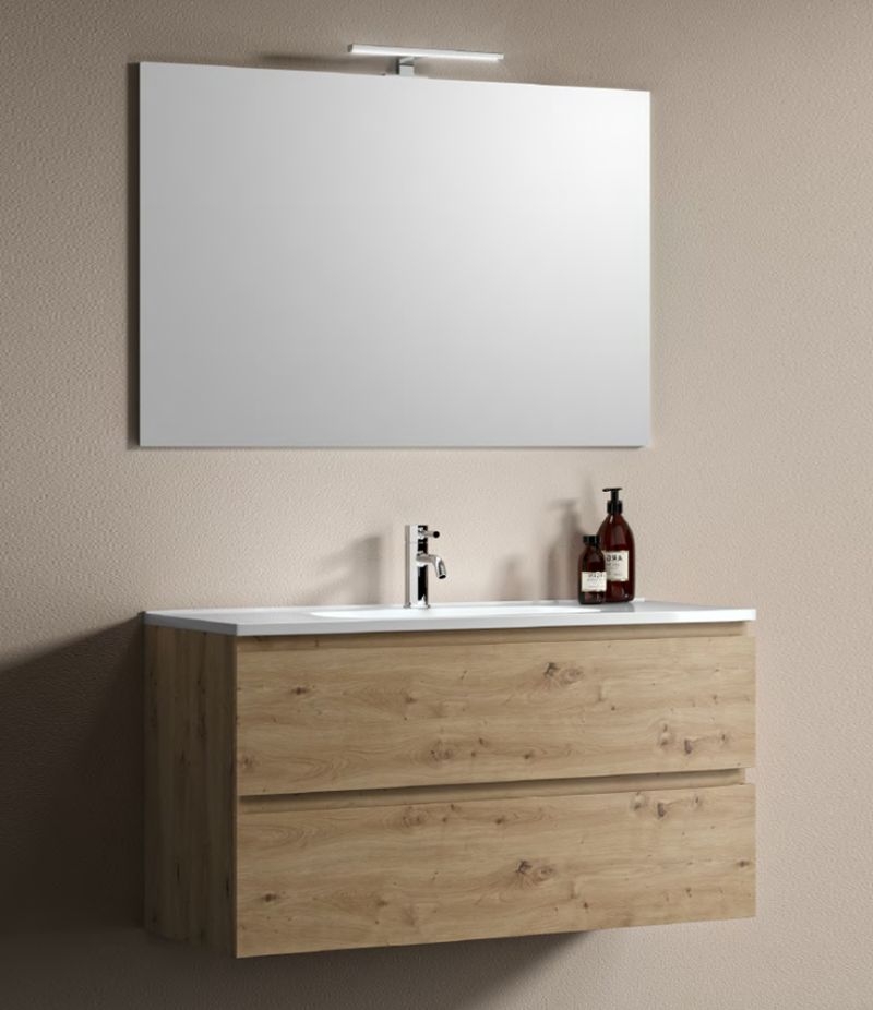 Mobile bagno sospeso GOLD 100 cm Rovere Nodo con lavabo, specchio e LED
