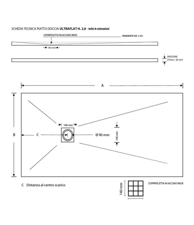 Piatto doccia in mineralmarmo 80x170 cm ultraflat H.2,8 bianco in resina effetto pietra riducibile - (2)