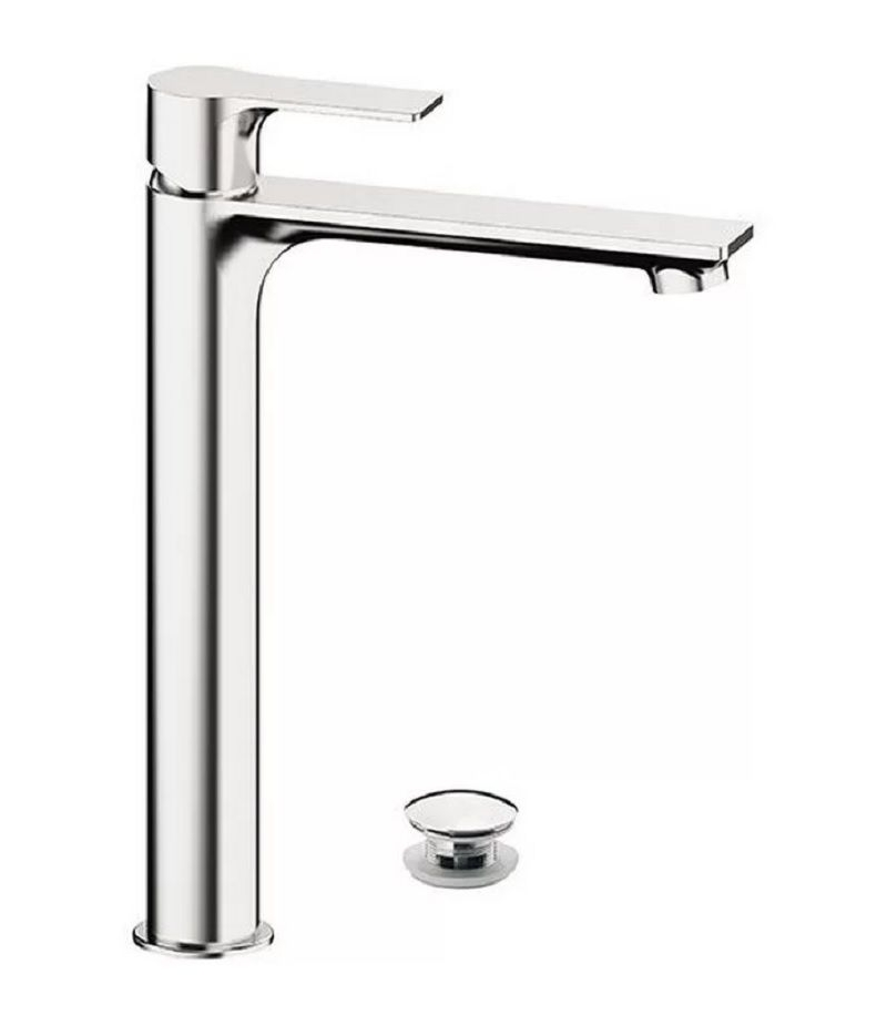Miscelatore monocomando alto per lavabo con scarico click-clack e troppo pieno