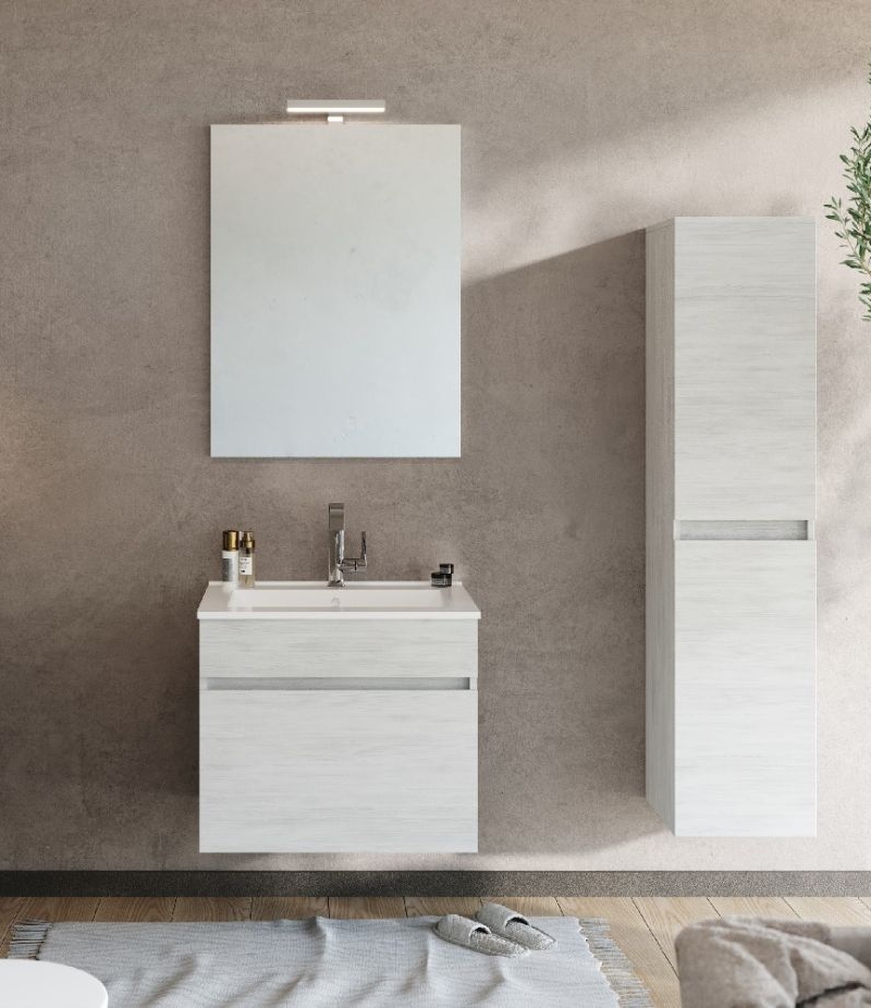 Comp. Bologna da 60 Rovere Bia C/Lavaboin porcellana specchio c/lampada led