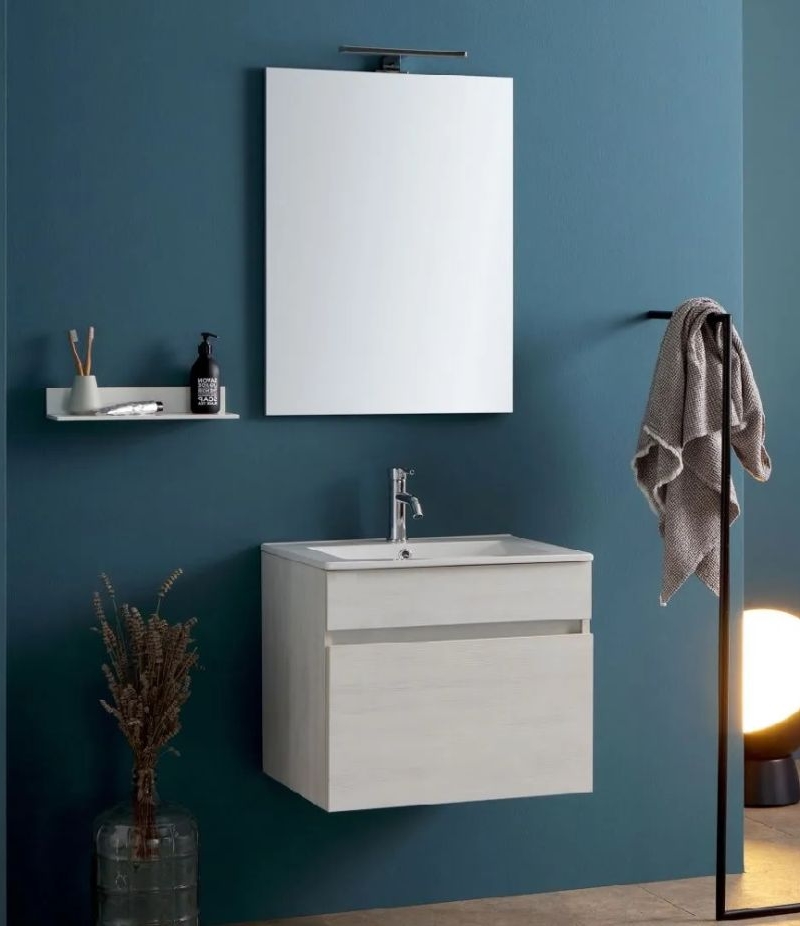 Comp. Bologna da 60 Rovere Grigio c/Lav.in porcellana specchio c/lampada led
