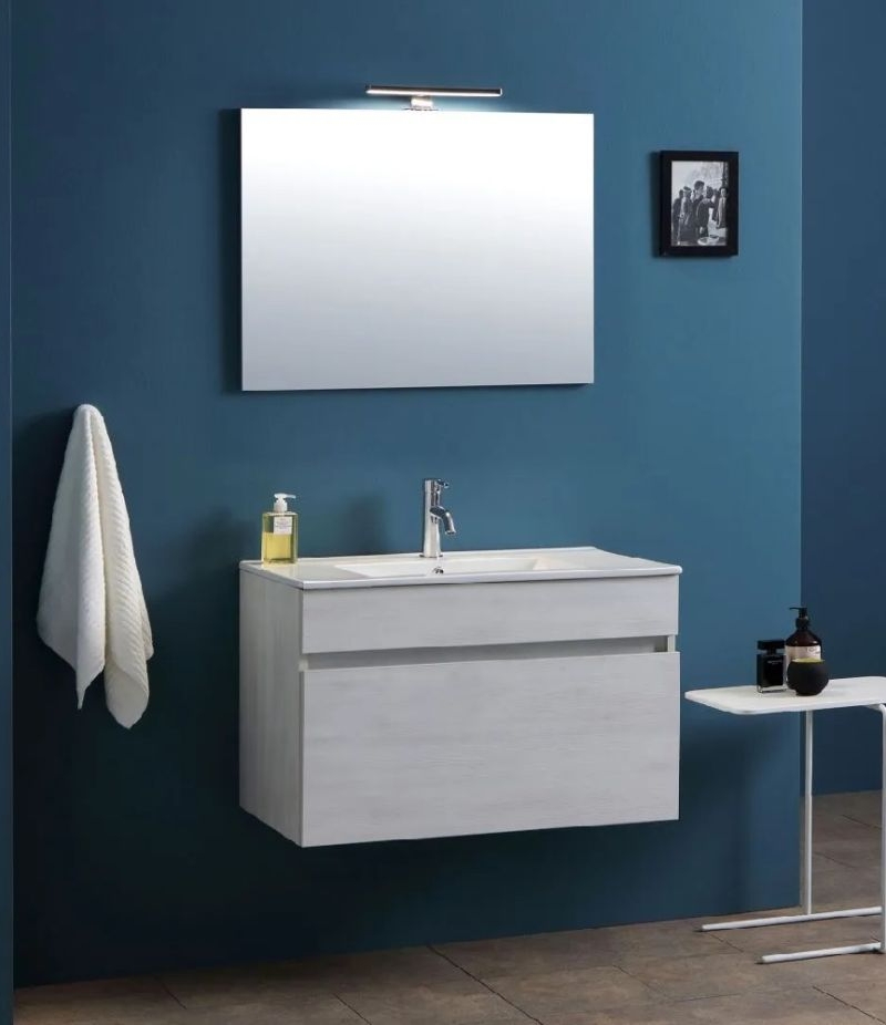 Comp. Bologna da 80 Rovere Grigio c/Lav.in porcellana specchio c/lampada led