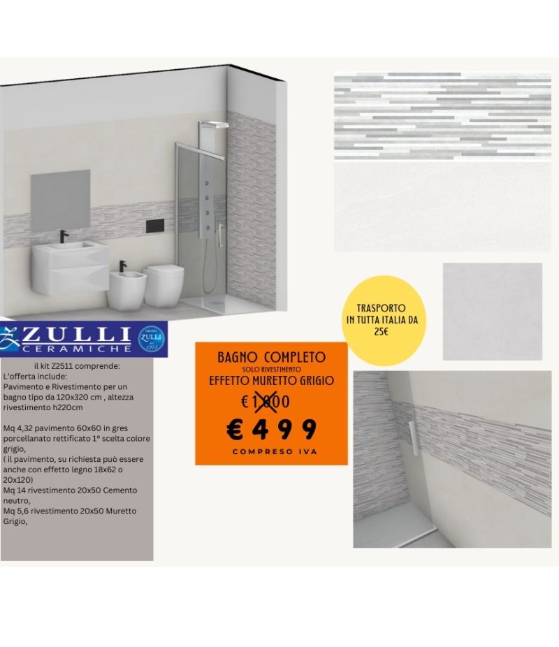 Bagno Completo Effetto Muretto GrigioPavimento e Rivestimento