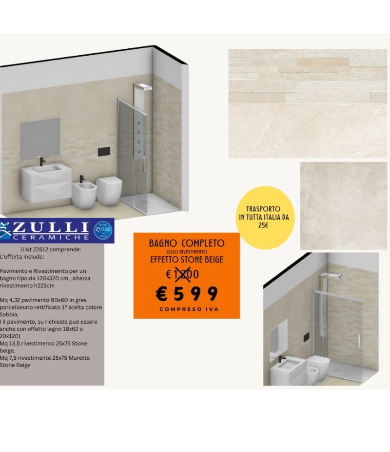 Bagno Completo Effetto Muretto Stone Beige Pavimento e Rivestimento