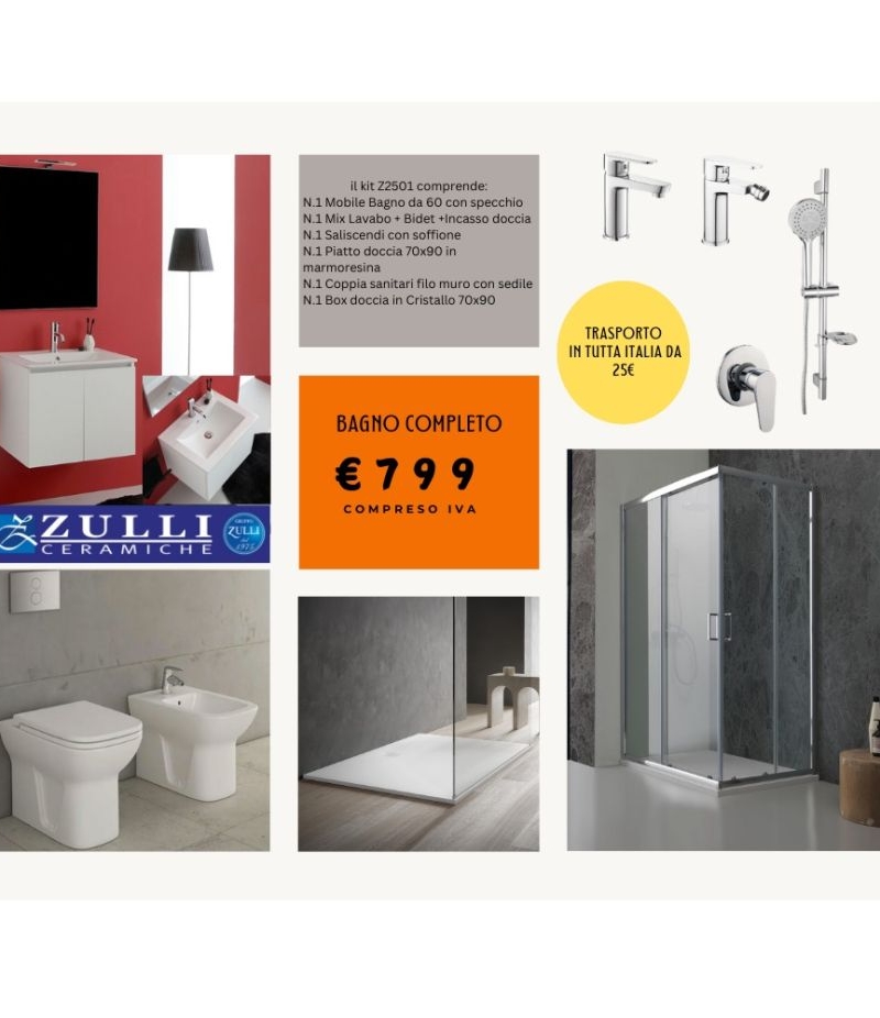 Bagno Completo Mobile da 60, Sanitari Rubinetteria Piatto  e Box doccia 