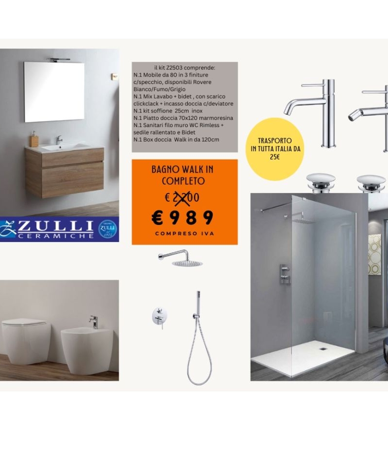 Bagno Completo Mobile da 80,  Sanitari  Rubinetteria Piatto  Box doccia Walk in